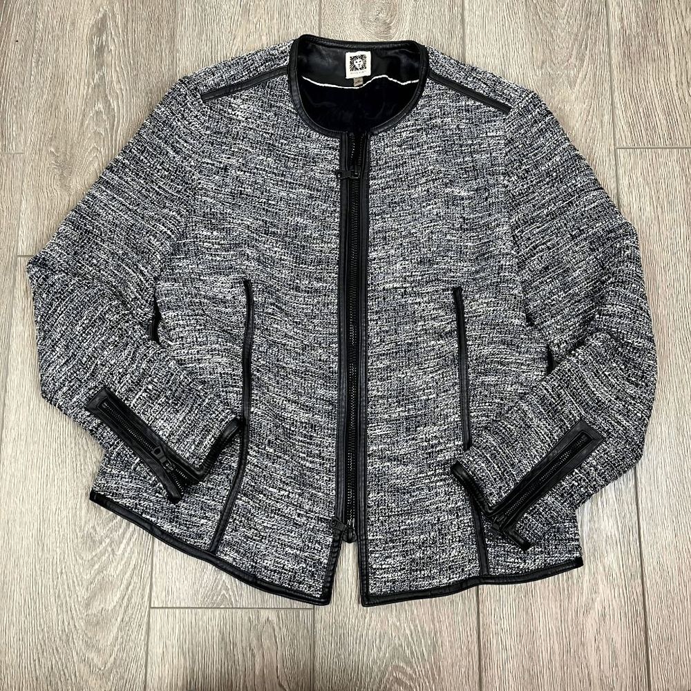 Ann Klien Faux Leather Trip Tweed Black and White Blazer Size 12